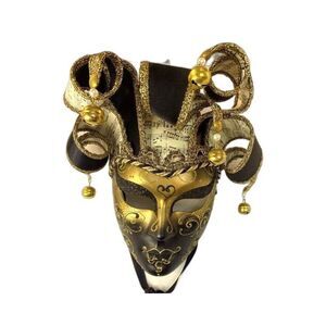 Authentic Venetian Mask Hand Painted Italy Papier-Mache Black Gold 11"